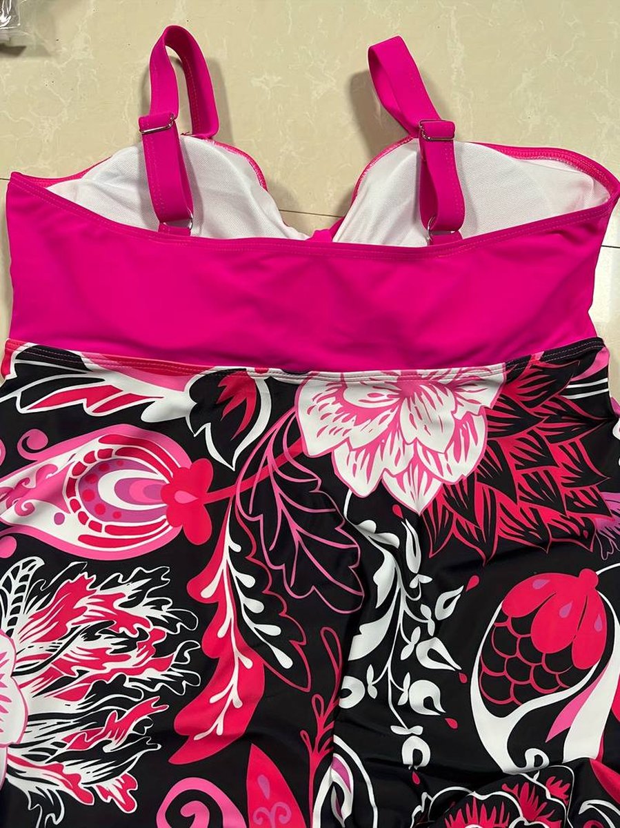 Tankini Set - Grote maten casual tankini - 2 - delig dames plus paisley print ruches strik knoop voorkant V - hals peplum tanktop & short - Badmode bikini badpak zwempak strandkleding badjurk 773 - Rood roos — afbeelding 3