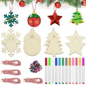 Houten kersthangers, 40 stuks, houten hangers, kersthanger, kerstboom, decoratieve hanger om te beschilderen, houten kerstboomversiering, dennenversiering met belpen