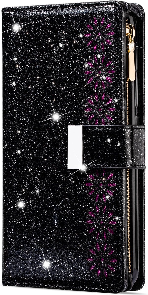 Hoesje geschikt voor iPhone 13 - Bookcase - Koord - Pasjeshouder - Portemonnee - Glitter - Bloemenpatroon - Kunstleer - Zwart
