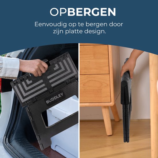 Zwart BUDDLEY krukje dat plat ingeklapt wordt opgeborgen in een auto en naast een kast.