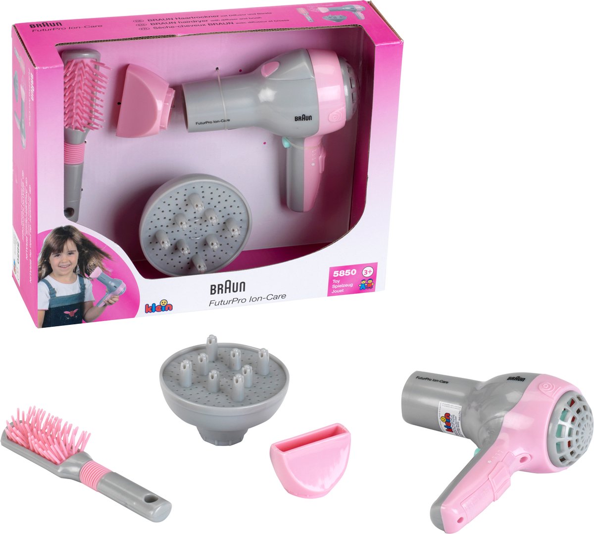 Klein Toys Braun haardroger met diffuser en borstel - incl. ventilator met koude-lucht-mechanisme - roze grijs — afbeelding 6