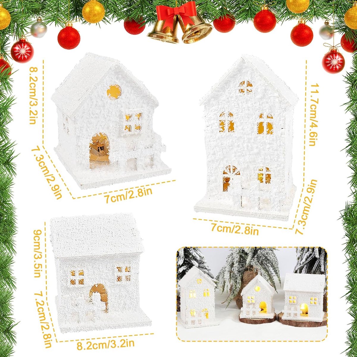 Kerstdorp huizen met verlichting, led-lichtketting kerstdorp winterdorp, kerstdecoratie wit (C