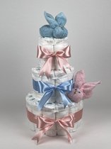 Chouette-Chouette | Luiertaart Tweeling | Kraamcadeau | Geboorte Jongen Meisje | Babyshower | Konijnen Roze - licht Blauw - donker Poeder Roze - Blauw