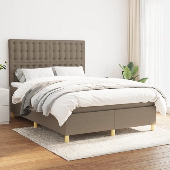 The Living Store Boxspringbed - Pocketvering - 140 x 200 cm - Middelharde ondersteuning - Huidvriendelijk topmatras - Kleur- taupe - Materiaal- polyester - multiplex en bewerkt hout