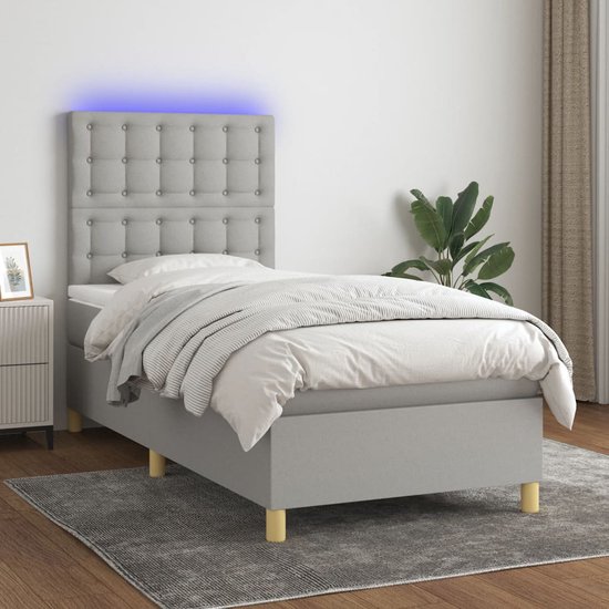 The Living Store Bed - Boxspring 203x100x118/128cm - LED-licht - Pocketvering matras - Huidvriendelijk topmatras - Lichtgrijs