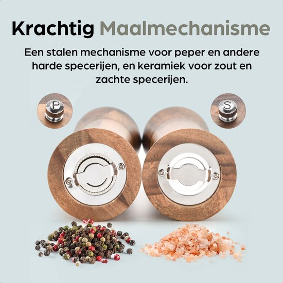 Praknu Zout & Pepermolenset Van FSC® Acaciahout Elegant Design Met Keramisch Maalwerk Traploos Instelbaar Duurzaam Zwart Groot 3202288086