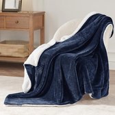 Knuffeldeken, wollig, sofaplaid, blauw - kleine deken voor bank, plaid en woonkamerdeken, van zachte fleece en warme sherpa, fleecedeken, 130 x 150 cm
