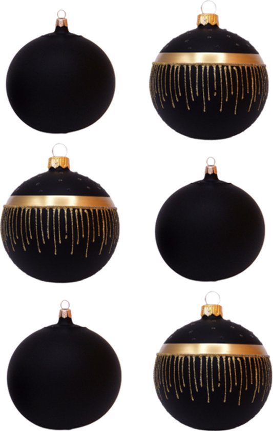 Zwarte Kerstballen met Gouden Glitterlijnen en effen mat zwart - Doosje met 6 glazen kerstballen