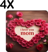 BWK Luxe Placemat - Rozen Hart met I Love Mom - Set van 4 Placemats - 40x40 cm - 2 mm dik Vinyl - Anti Slip - Afneembaar