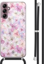 Casimoda® hoesje met koord - Geschikt voor Samsung A14 - Floral Hortensia - Afneembaar koord - TPU/acryl - Paars