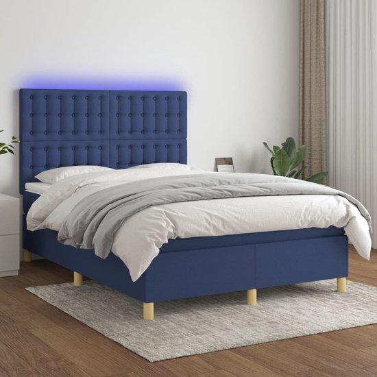 The Living Store Boxspring Bed - LED Verlichting - Blauw - 193x144x118/128 cm - Pocketvering Matras - Huidvriendelijk Topmatras