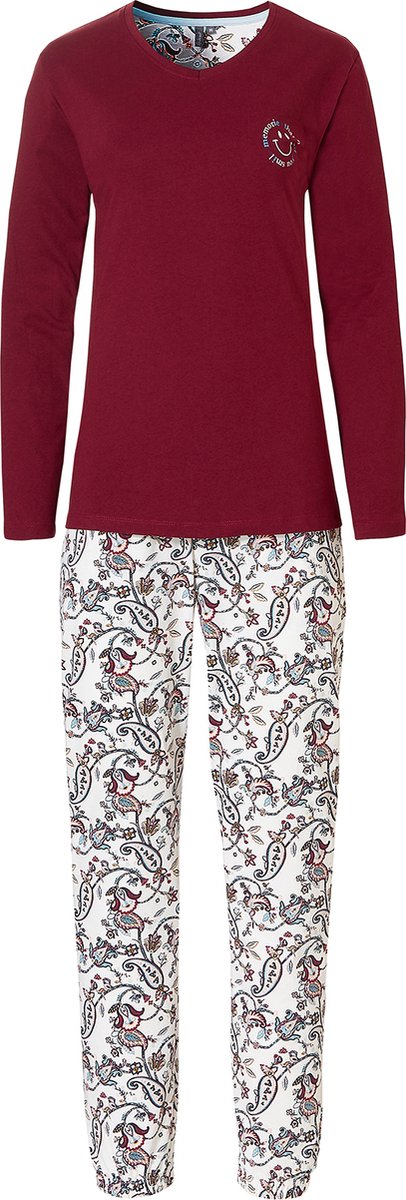 By Louise Essential Dames Pyjama Set Lang Katoen Bordeaux Met Print - Maat S
