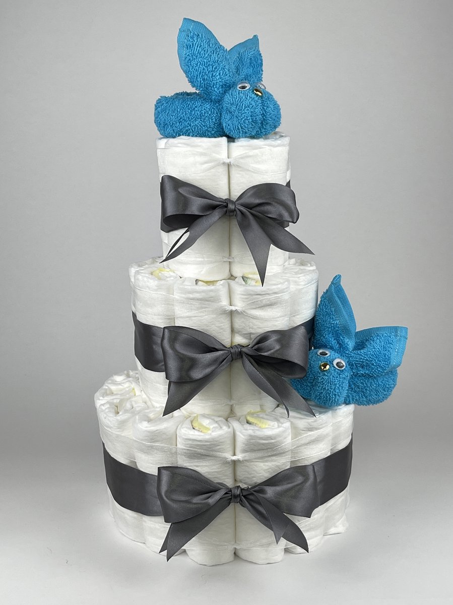 Chouette-Chouette | Luiertaart Jongen | Kraamcadeau | Geboorte Jongen | Babyshower | Konijnen Aqua blauw - donker Grijs