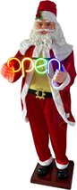 kerstman levensgroot danst, zingt, met neon led bord OPEN.