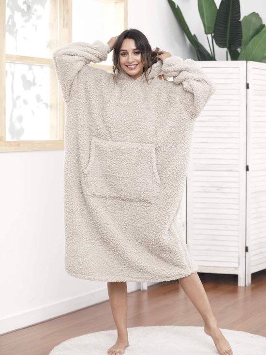 Oversized Hoodie - Deken Hoodie voor Vrouwen en Mannen - Unisex - Lange Comfortabele Sherpa-deken Sweatshirt - Ruige Trui Pluche warme Gezellige deken - één maat Past Iedereen - Beige