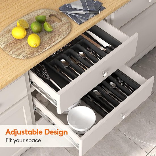 nuovva Organisateur de Tiroir à Couverts – Plateau Réglable et Extensible – Séparateur Compact pour Couteaux, Fourchettes et Cuillères – Noir