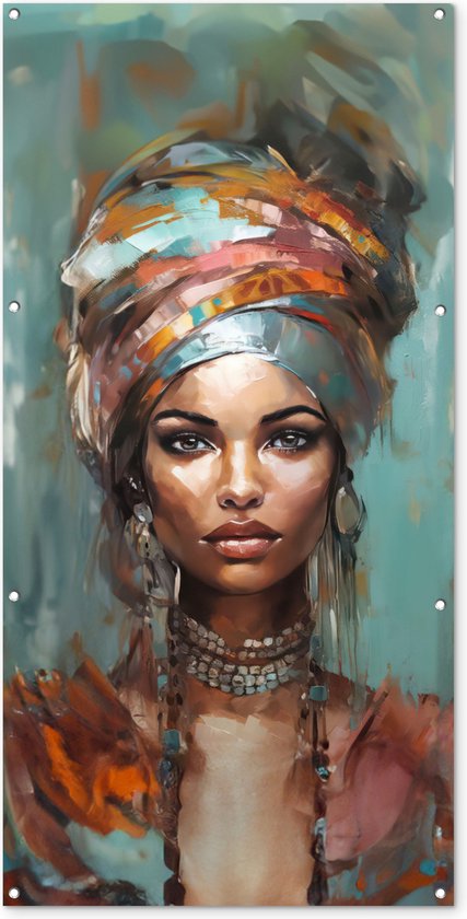 Foto: Wanddecoratie buiten vrouw kunst sieraden portret 80x160 cm tuindoek buitenposter