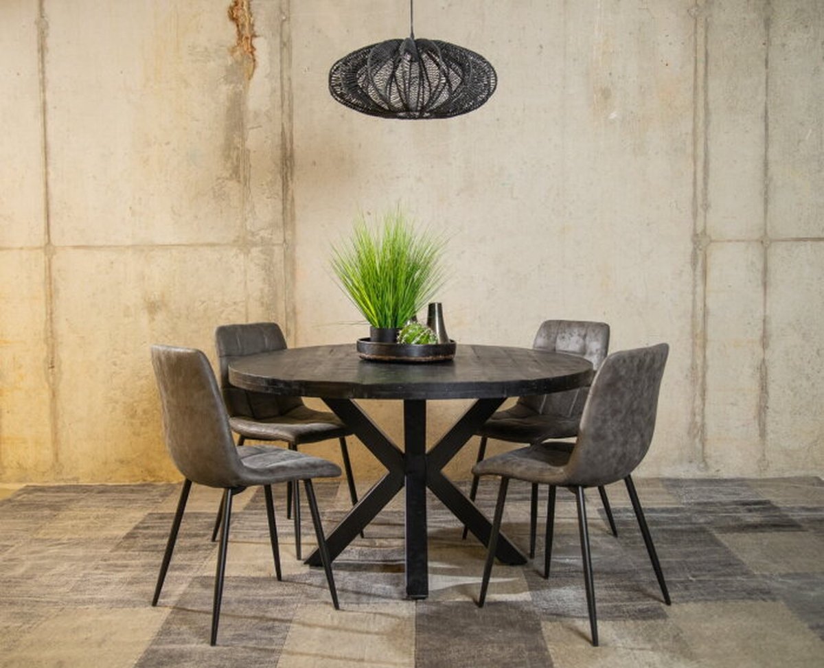 Meubelplaats Combideal Eetkamerset: Ronde Zwarte Mangohouten Eettafel met 4 Leonardo Stoelen - Eethoek - Meubelplaats