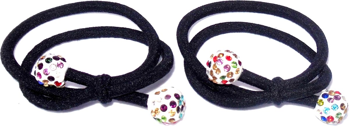 Elastiek zwart dubbel met witte bolletjes + strass gekleurd