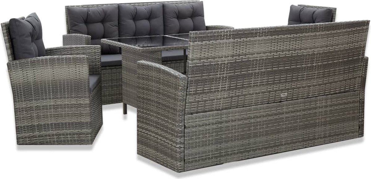 The Living Store 5-delige Tuinset met kussens poly rattan grijs - Eetkamerset - Tuinset - Rattan Meubels - Buitendecoratie - Lounge Set