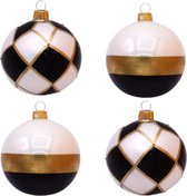 Vier Chique Kerstballen Zwart, Wit en Goud - Doosje met 4 glazen kerstballen van 8 cm
