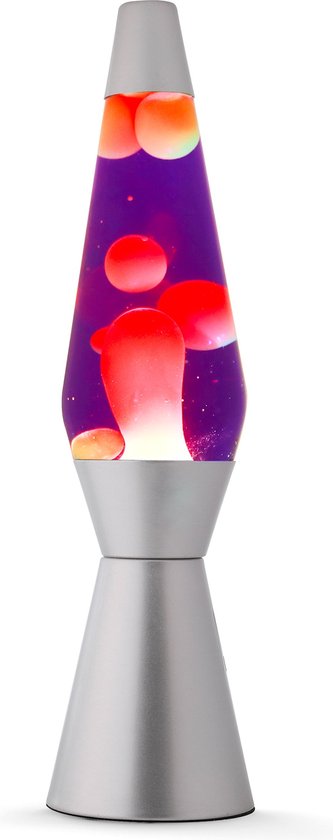 Paarse lavalamp met oranje lava, op een witte achtergrond.