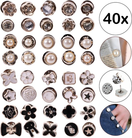 Fako Bijoux® - 40x Broche Mini - Set de Boutons Stitch Pin - 40 Mini Broches - 8-12mm - Gold, Or, White & Noir - 40 Pièces - Argent, Or, Wit & Zwart - Supermix