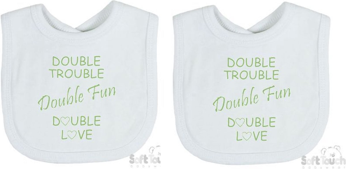 Goedkoopste Soft Touch 2-pack Slabber Slabbetje Slab Double trouble Double fun Double love Unisex Tweeling Katoen Wit/sage green (saliegroen) Maat 33x22 Cm
