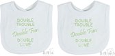Lot de 2 bavoirs Soft Touch Bavoir "Double trouble Double fun Double love" Unisexe Twins Katoen Wit/ vert sauge (vert sauge) Taille 33x22 Cm