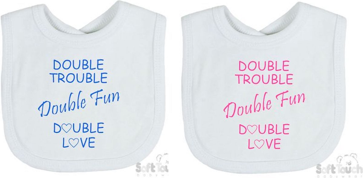 Goedkoopste Soft Touch 2-pack Slabber Slabbetje Slab Double trouble Double fun Double love Unisex Tweeling Katoen Wit/blauw & wit/roze Maat 33x22 Cm