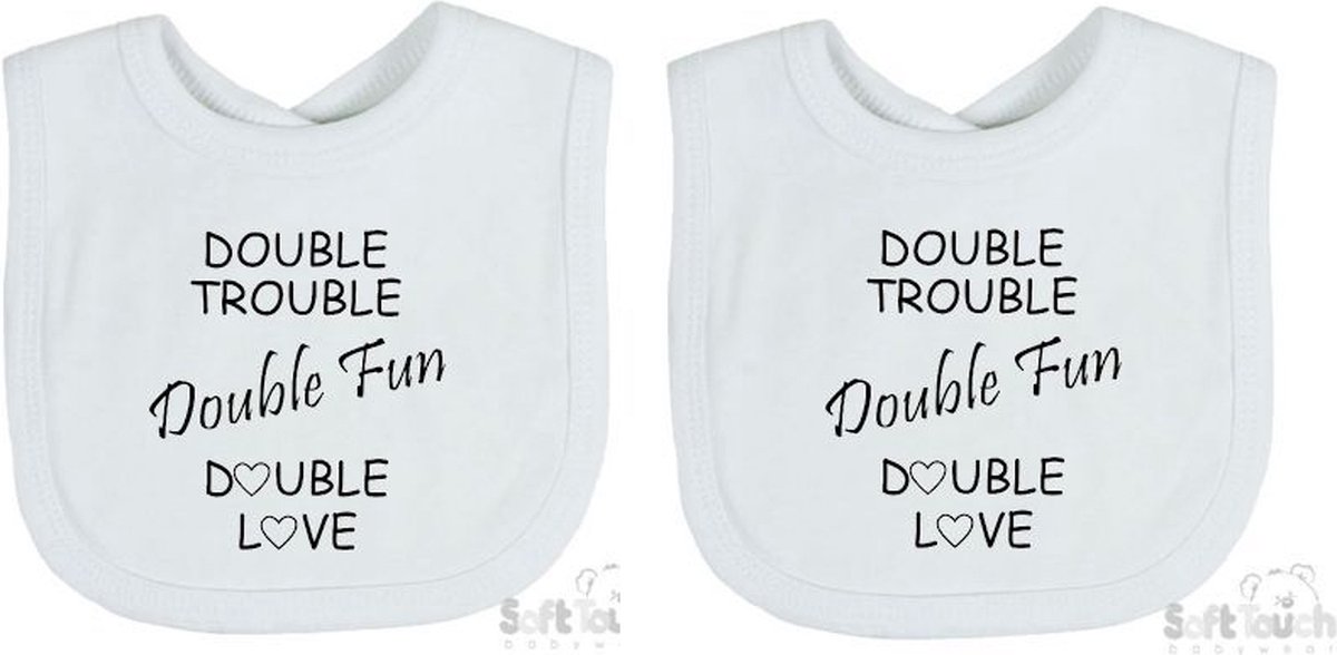 Goedkoopste Soft Touch 2-pack Slabber Slabbetje Slab Double trouble Double fun Double love Unisex Tweeling Katoen Wit/zwart Maat 33x22 Cm