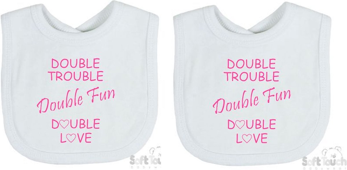 Goedkoopste Soft Touch 2-pack Slabber Slabbetje Slab Double trouble Double fun Double love Unisex Tweeling Katoen Wit/roze Maat 33x22 Cm