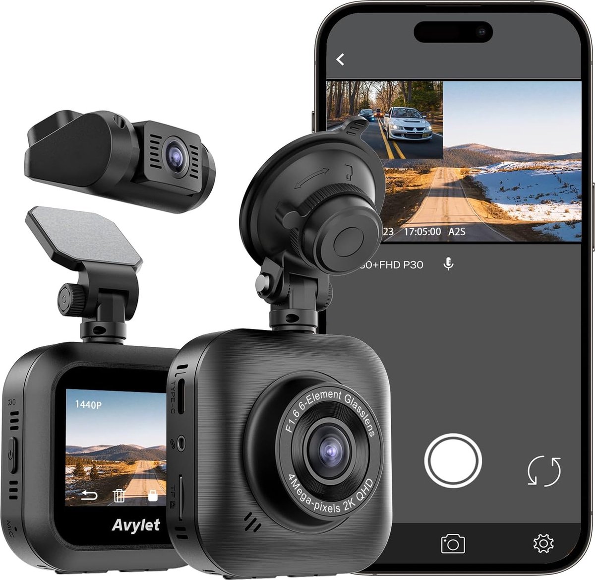 Avylet - Dash Cam Front & Rear - 2K Full HD - Wi-Fi - 170° Wide Angle - Night Vision - 2