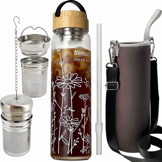drinmoaer 1 liter drinkfles glas met bamboe deksel en hoes voor losse thee, Cold Brew Coffee, theefles met zeef om mee te nemen, glazen waterfles 1 l (origineel