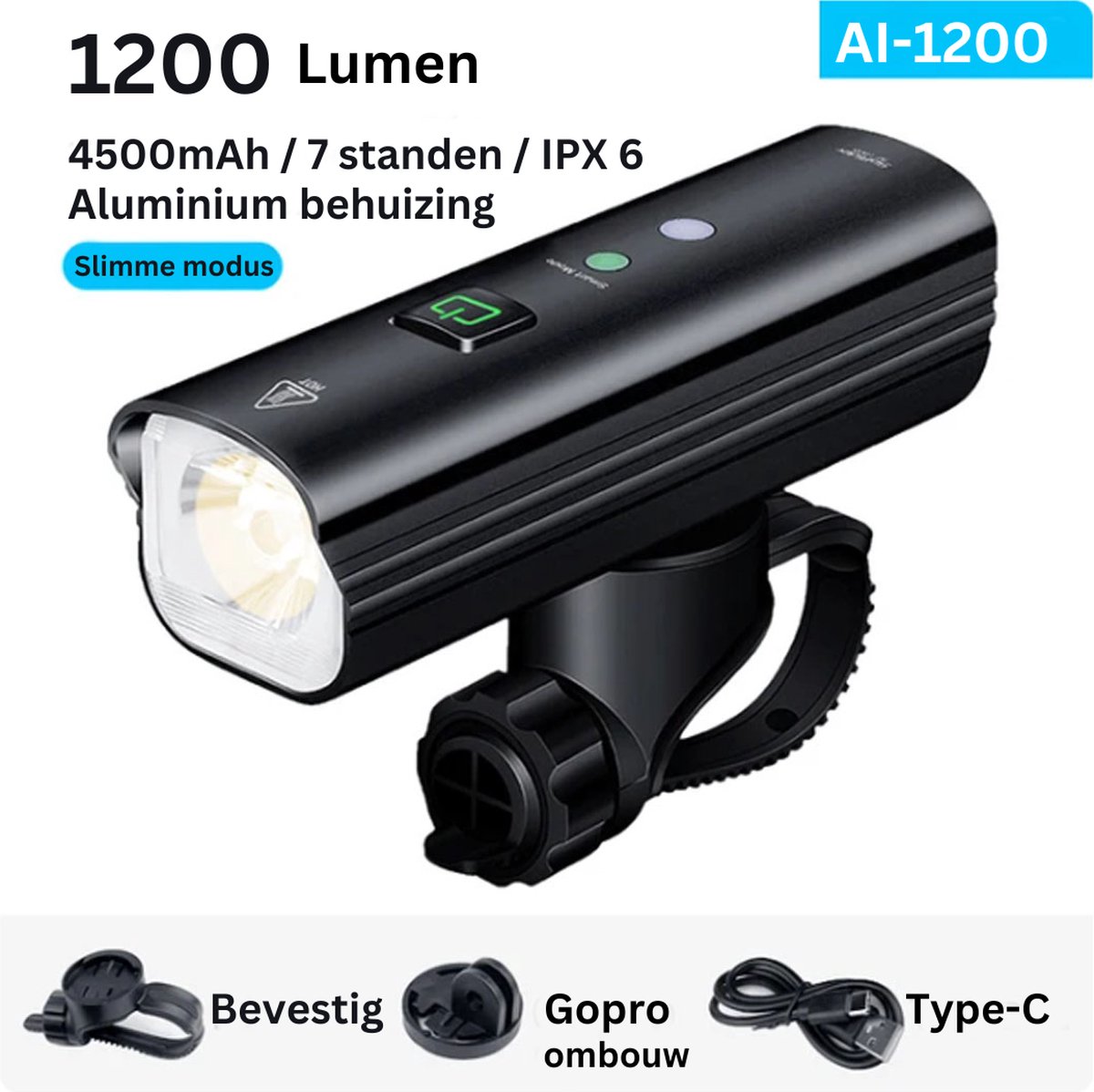 Fietslamp - Koplamp - AI - 1200lumen - Oplaadbaar - Smart - Racefiets - Stadsfiets - MTB - Slimme lamp - 4500mAh - Lange accuduur
