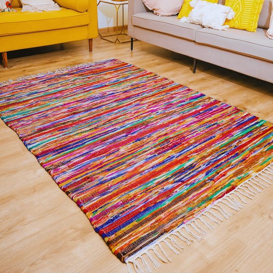 Vloerkleed, large rag rug for living room bedroom big decorative braided boho bohemian handmade hand woven recycled chindi rug multicolor colorful floor rectangle ethnic indian pure cotton area rug carpet tapis coton 6x4 striped tassel 180x120