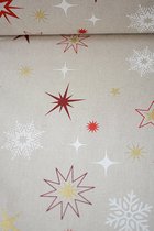 Canvas ecru met rode en gouden sterren en witte sneeuwvlokjes 1 meter - modestoffen voor naaien - stoffen