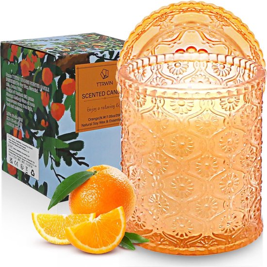 Geurkaars in mooi glas, oranje geur, 200 g, kaars van natuurlijke sojawas, 50 uur brandduur, cadeau voor vrouwen, decoratie voor Kerstmis, verjaardag, Moederdag