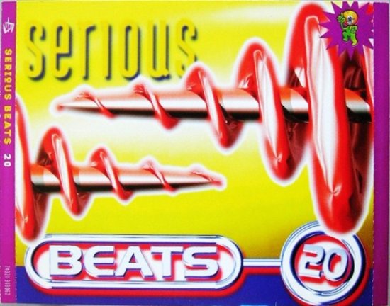 Albumcover "Serious Beats 20" met glimmende rode spiraalvormige objecten op een gele achtergrond.