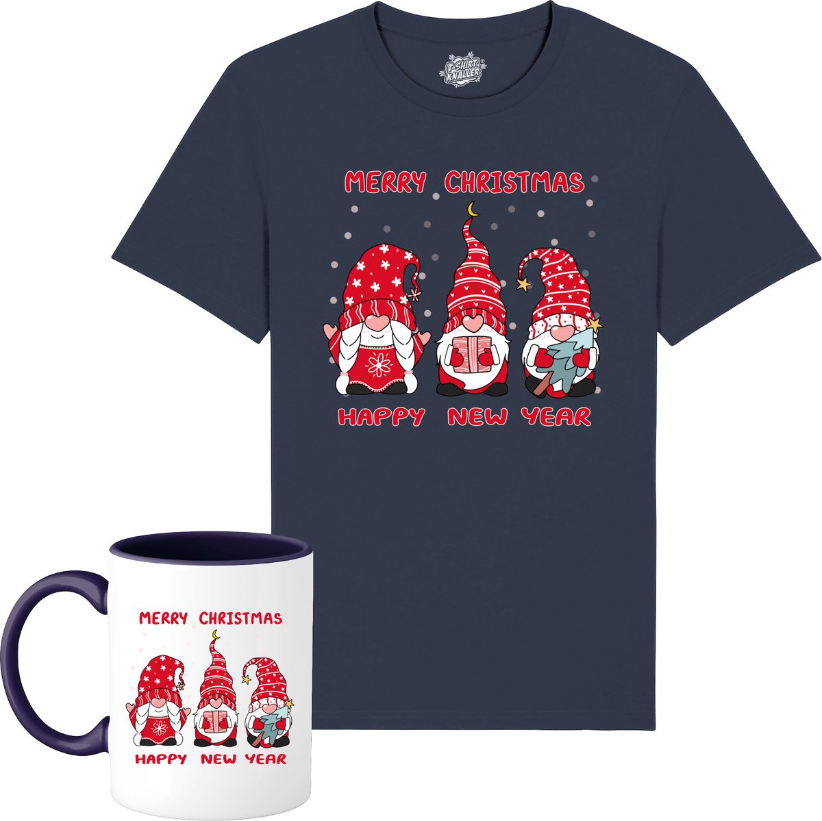 Christmas Gnomies - Foute kersttrui kerstcadeau - Dames / Heren / Unisex Kleding - Grappige Kerst Outfit - T-Shirt met mok - Unisex - Navy Blauw - Maat 3XL