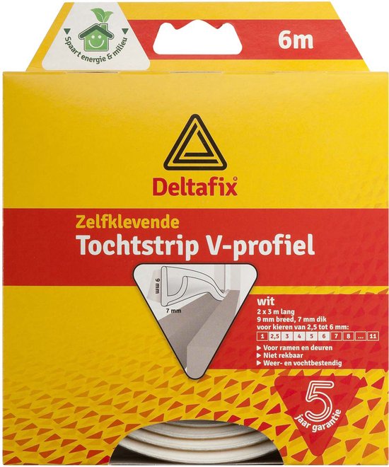 Verpakking Deltifix zelfklevende tochtstrip V-profiel, wit, 6m. Illustratie toont afmetingen 9mm x 7mm.