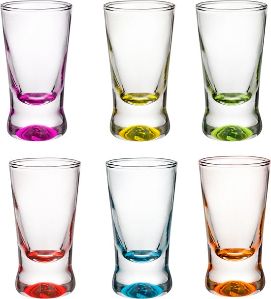 Foto: Glasmark shotglaasjes borrelglazen glas gekleurde onderzijde 6x stuks 25 ml shotjes