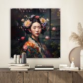 MuchoWow® Glasschilderij 50x50 cm - Schilderij acrylglas - Vrouw - Bloemen - Kimono - Portret - Asian - Foto op glas - Schilderijen
