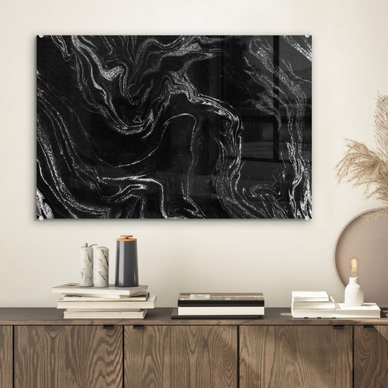 MuchoWow® Peinture sur verre 60x40 cm - Peinture acrylique sur verre - Marbre - Zwart - Luxe - Argent - Photo sur verre - Peintures
