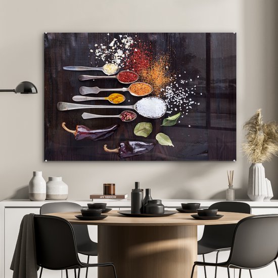 MuchoWow® Peinture sur Verre - Herbes - Cuillères - Épices - Industriel - 120x80 cm - Peintures sur Verre Peintures - Photo sur Glas