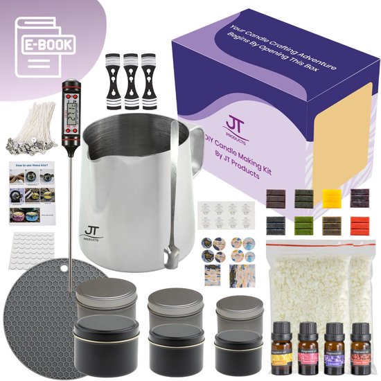 JT Products Kaarsen Maken Set – Inclusief 600 Gram Soja Wax - Kaarsen Maken Voor Volwassenen – Geurkaars - Kaarslont – Kaarsenlont – Smeltpan – Kaarsen Maken Starterspakket – Candle Making Kit – DIY – Kerst Cadeau