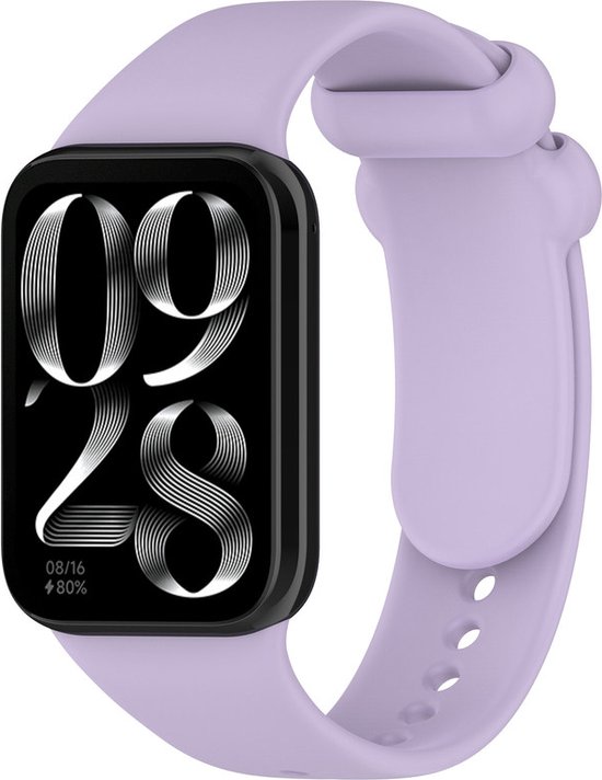 Bracelet lilas autour d'une smartwatch avec un écran noir affichant 09:28.