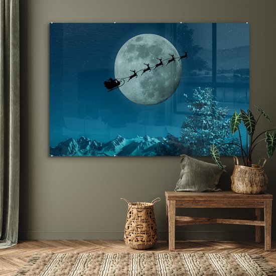MuchoWow® Peinture sur verre 150x100 cm - Peinture sur verre acrylique - Rennes avec le Père Noël dans les airs - Photo sur verre - Peintures