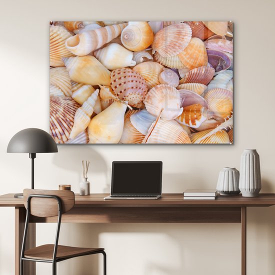 MuchoWow - Peinture sur verre - Plaque acrylique - Coquillages - Oranje - Jaune - Plage - Décoration murale - Peinture sur verre - Peinture sur verre mer - 120x80 cm - Photo sur verre - Verre acrylique