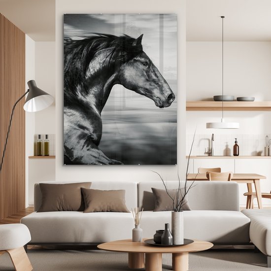 MuchoWow - Peinture sur verre - Photo sur verre - Verre acrylique - Animaux - Cheval - Nature - Zwart et blanc - Décoration murale - 120x160 cm - Peinture cheval - Peintures de salon